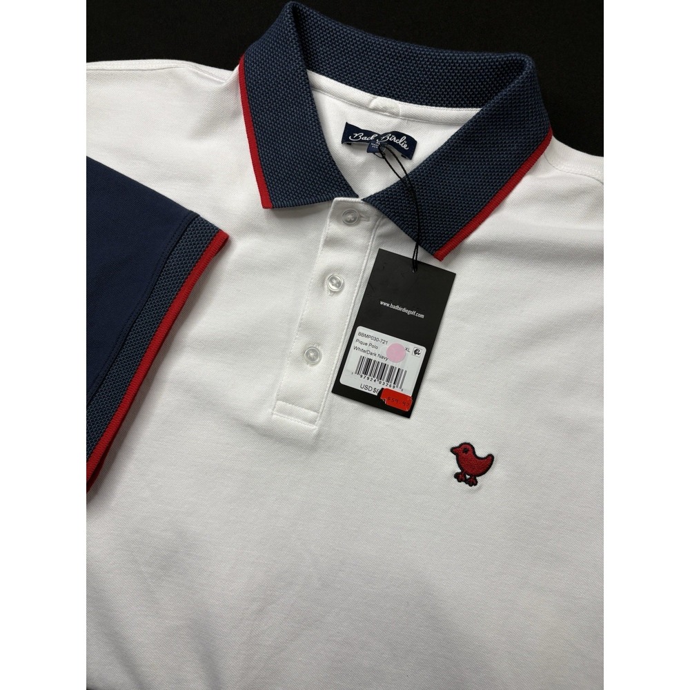 Bad Birdie Pique Polo‎ Shirt Men's XL White Navy Blue Short Sleeve Golf NWT